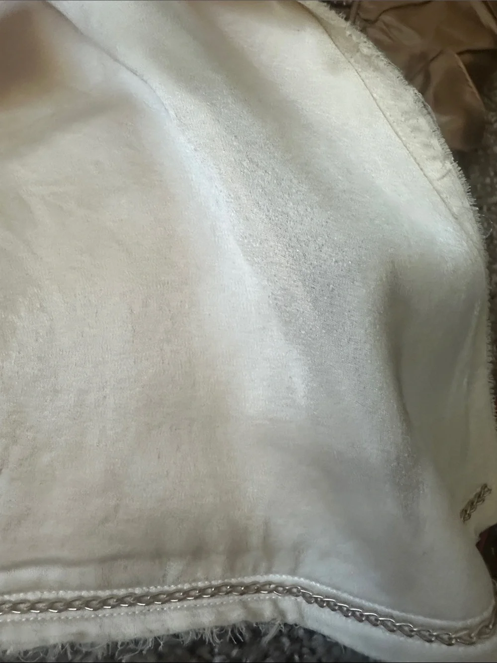 CHANEL Cream Collarless Open Jacket raw edge hem for edgy chic look gold CC
